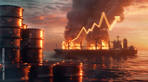 global energy crisis and oil market volatility caused by Middle East conflict. Industrial oil barrels with graph chart arrow symbolizing oil prices.	