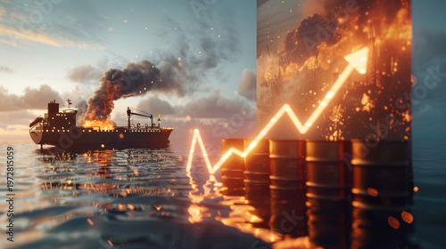 global energy crisis and oil market volatility caused by Middle East conflict. Industrial oil barrels with graph chart arrow symbolizing oil prices.	