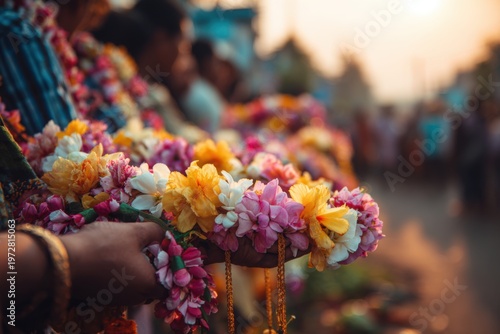People Offering Colorful Flower Garlands in Traditional Ceremony