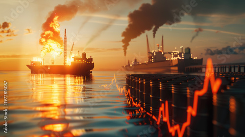 global energy crisis and oil market volatility caused by Middle East conflict. Industrial oil barrels with graph chart arrow symbolizing oil prices.	
