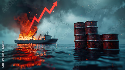 global energy crisis and oil market volatility caused by Middle East conflict. Industrial oil barrels with graph chart arrow symbolizing oil prices.	
