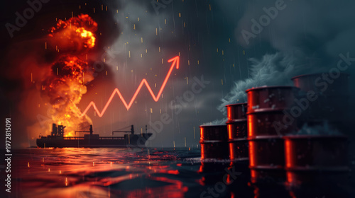 global energy crisis and oil market volatility caused by Middle East conflict. Industrial oil barrels with graph chart arrow symbolizing oil prices.	
