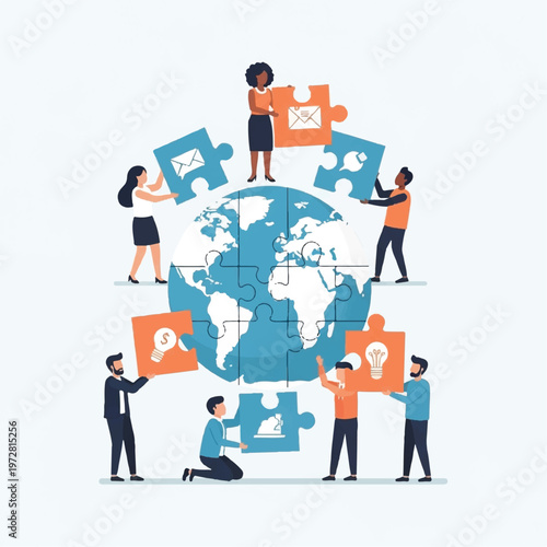 People collaborate globally on puzzle pieces around the world map.