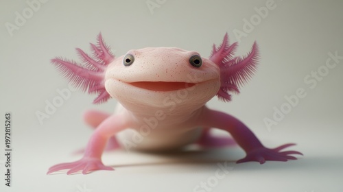 Pink Axolotl With Frilly Gills Smiling in Studio Portrait