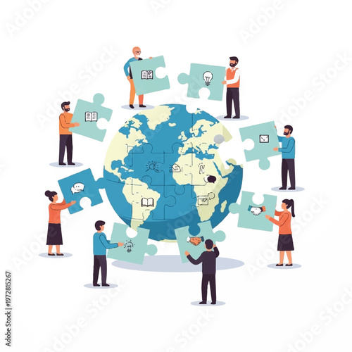 People around the globe working together to complete puzzle pieces