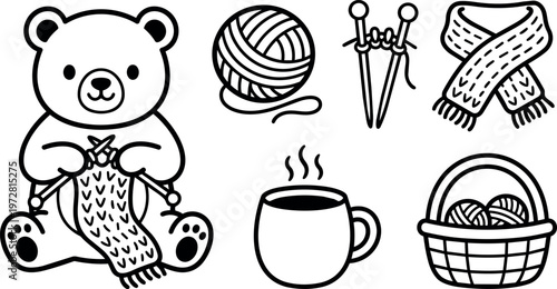 Black and white line art bear knitting scarf with yarn basket and coffee cup