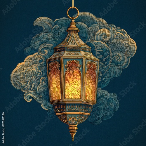 Ornate Decorative Lantern Glowing in Golden Light
