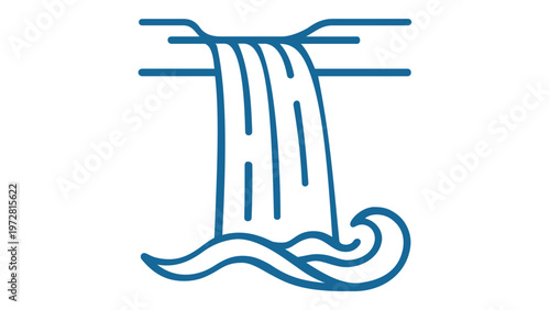 Minimalist blue line art vector icon illustration of a scenic waterfall flowing from a cliff into a wavy river, perfect for nature, travel, environment, and landscape design projects.