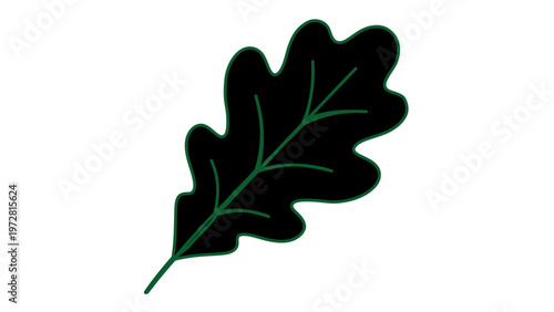 Stylized black oak leaf vector icon with green outline and veins, minimalist flat illustration of a deciduous tree leaf for nature, environment, and forest design projects, scalable graphic.
