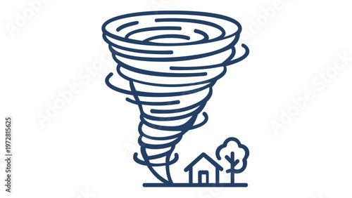 Powerful tornado vector icon illustration depicting a swirling twister storm approaching a small house and tree, symbolizing natural disasters, extreme weather events, and climate change impacts.