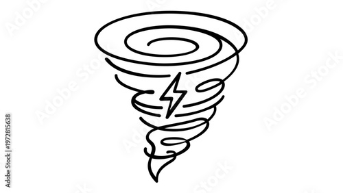 Minimalist tornado with lightning bolt vector icon illustration. Scalable black line art of a whirlwind cyclone storm. Flat design for weather forecasting, nature, and disaster concepts.