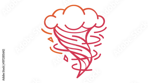 Vibrant orange and red gradient line art vector illustration of a powerful tornado or whirlwind descending from a cloud, minimalist flat icon design for weather, storm, and natural disaster themes.