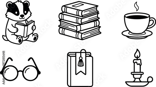 Black and white line art reading badger stack of books coffee cup glasses bookmark candle