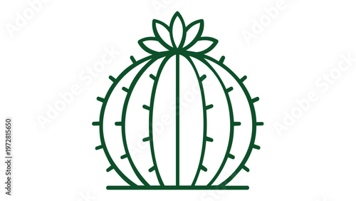 Green line art vector icon illustration of a round barrel cactus with a blooming flower on top, minimalist flat design for nature, desert, and botanical themes, scalable AI-generated graphic asset.