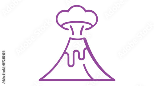 Minimalist vector illustration of an erupting volcano with a smoke cloud and flowing lava, featuring a modern blue and purple gradient line art style, ideal for nature and disaster-themed icons.