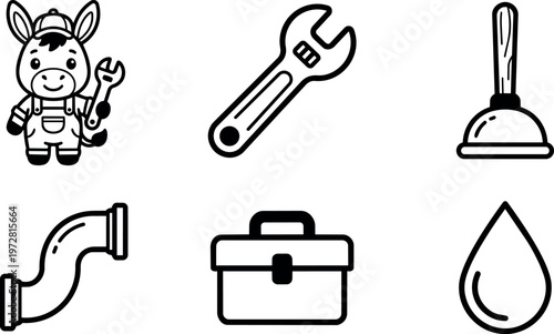 Black and white plumber donkey holding wrench with pipe plunger toolbox and water drop line art