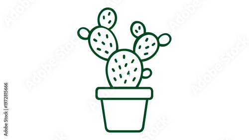 Minimalist green line art vector illustration of a prickly pear cactus in a pot, isolated on a white background. Scalable flat icon design for nature, desert, and houseplant themes.