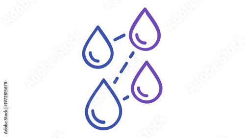 Minimalist blue and purple gradient vector icon illustration of stylized raindrops connected by dashed lines, representing rain, weather, or water cycle for modern web and graphic design.