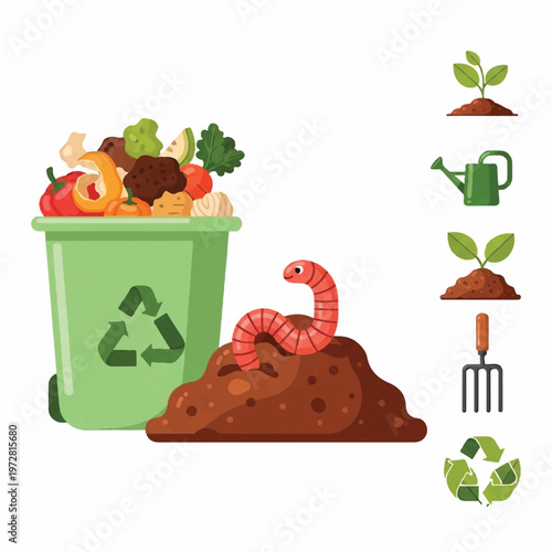 A vibrant illustration of a worm composting pile with a green recycling bin filled with food waste next to it.