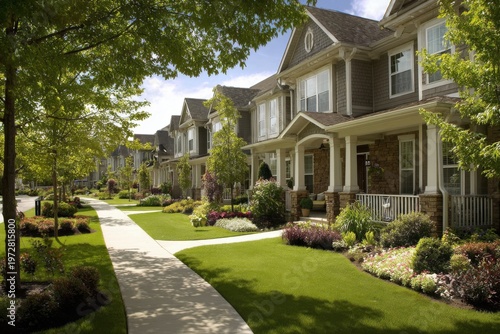 Suburban Houses with Manicured Lawns and Gardens