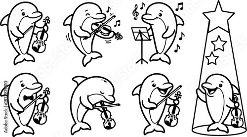 Black and white line art dolphins playing violin with musical notes and star spotlight