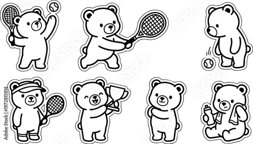 Black and white line art cute bear characters playing tennis holding trophy and resting