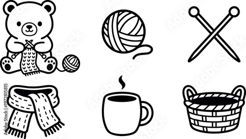Black and white knitting teddy bear with yarn cup scarf and basket line art
