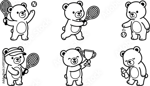Black and white line art teddy bear playing tennis holding trophy and water bottle