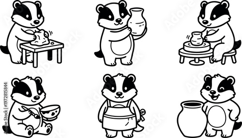 Black and white cartoon badger shaping and holding pottery set