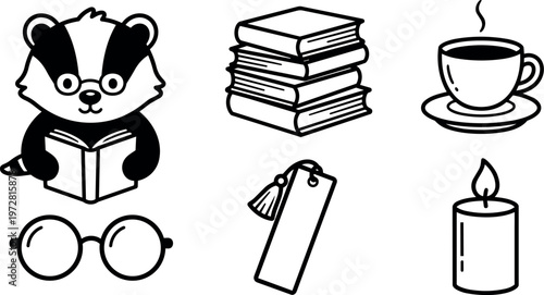 Black and white reading badger with book glasses stack of books cup candle and bookmark vector art