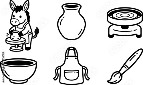Black and white line art donkey making pottery with bowl apron and brush