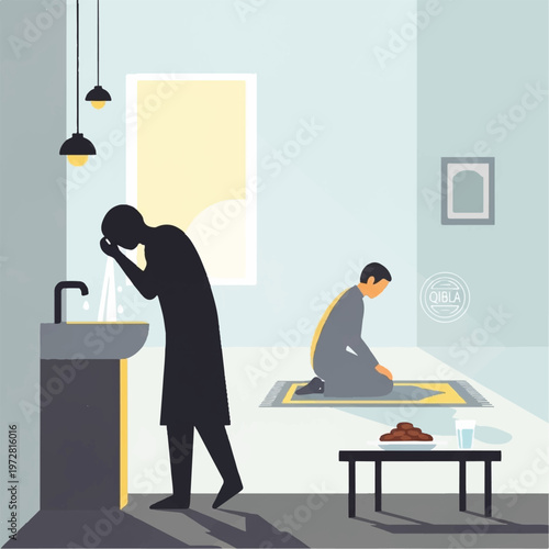 Man performs wudu before prayer in a modern home interior