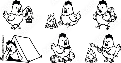 Black and white line art camping chicken with lantern fire roasting marshmallow and tent