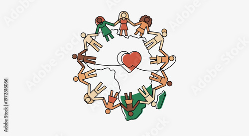 Diverse people holding hands around heart.
