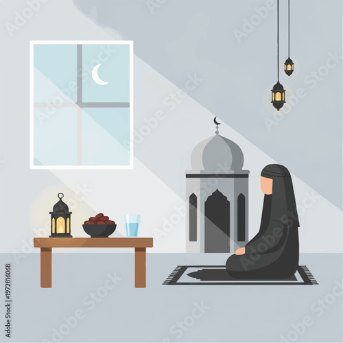 A woman in a hijab prays indoors during Ramadan near a table with food and drinks.