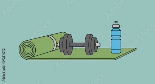 Dumbbell and water bottle on mat.