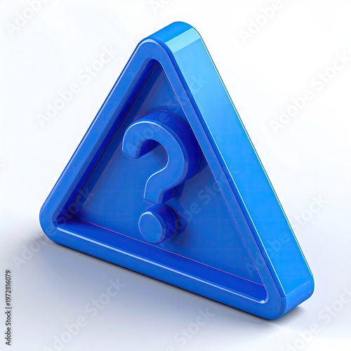 Glossy blue question mark inside a triangular warning sign modern 3D rendering isolated on white conceptual symbol for uncertainty and problem solving