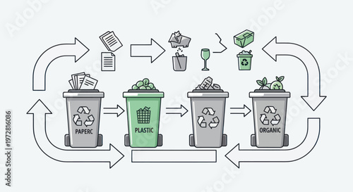 Recycling bins with recycling symbols.