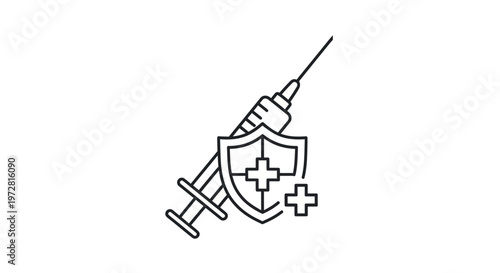 Medical shield with syringe and crosses.