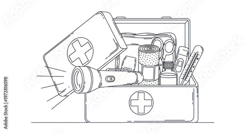 First aid kit with medical supplies.