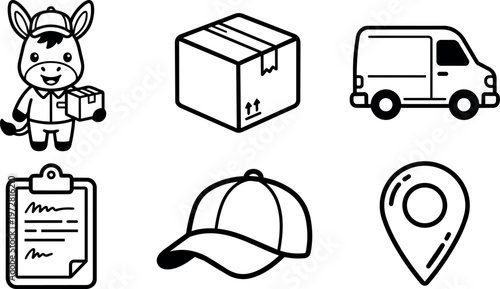 Line art delivery donkey mail van clipboard cap and location icons set