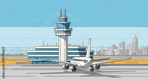 Airplane on airport runway with tower.