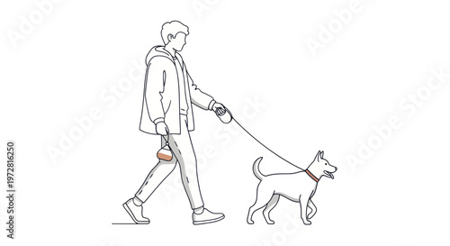 Man walking dog on leash outdoors.