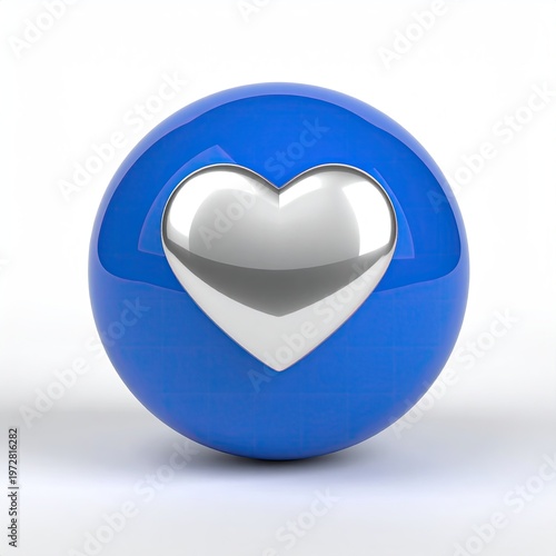 Glossy blue sphere featuring a smooth reflective silver heart in the center isolated on a white backdrop for design element use