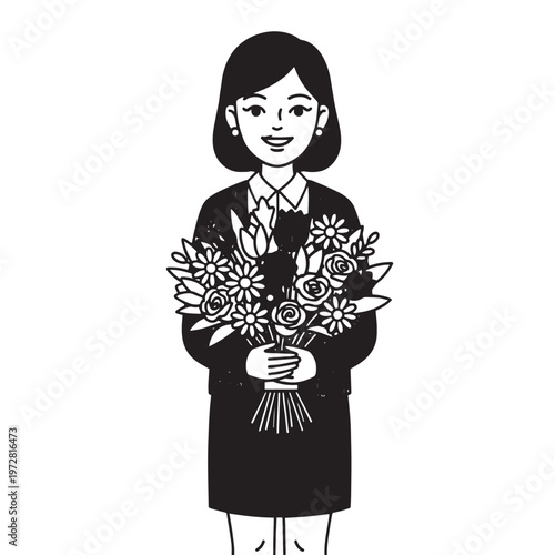 Cartoon illustration of a Japanese kokeshi doll wearing a black kimono dress with floral patterns