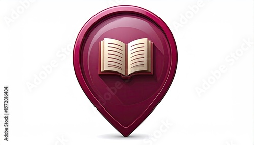 Glossy burgundy map pointer icon with open book symbol in center depicting library location or educational resource landmark