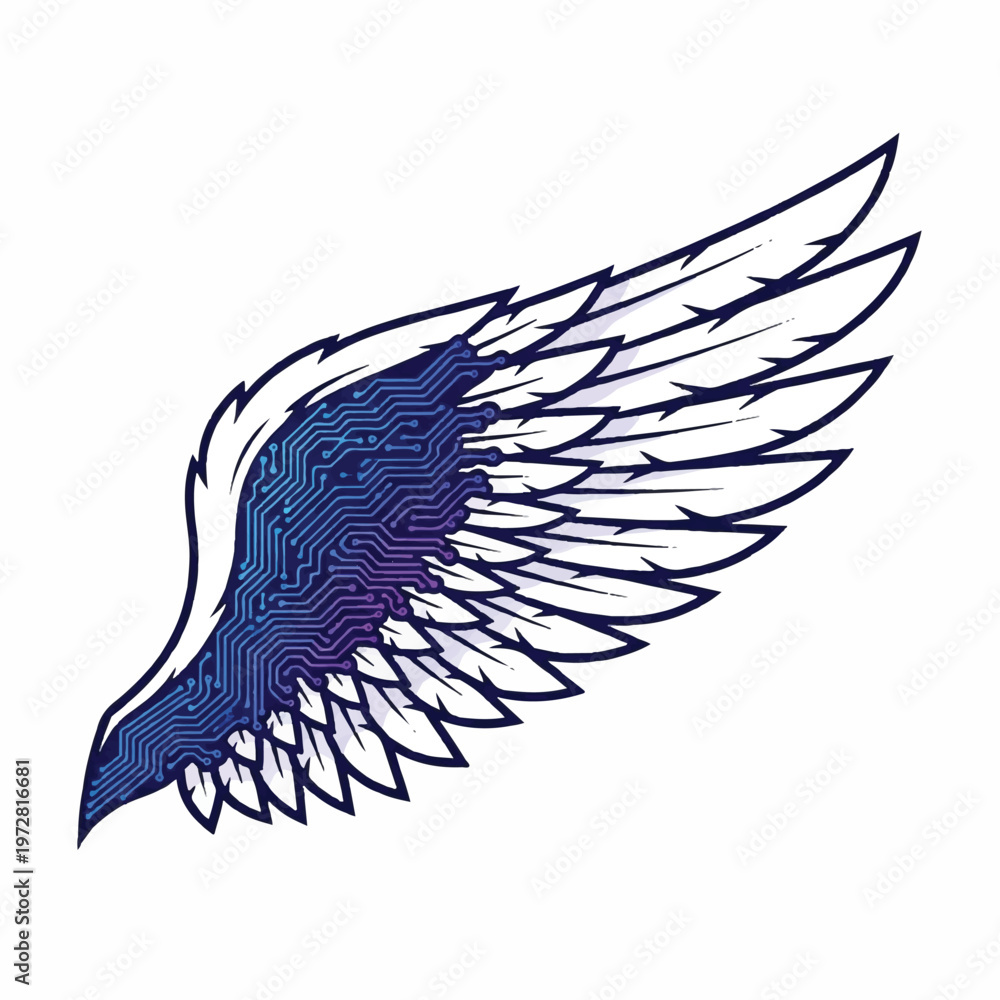 Fototapeta premium Vibrant blue and white wing illustration shows feathers in motion.