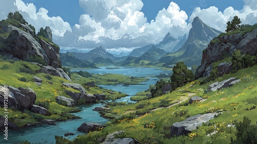 Majestic Mountain Landscape with a Serene Lake and Dramatic Clouds mountains nature photo