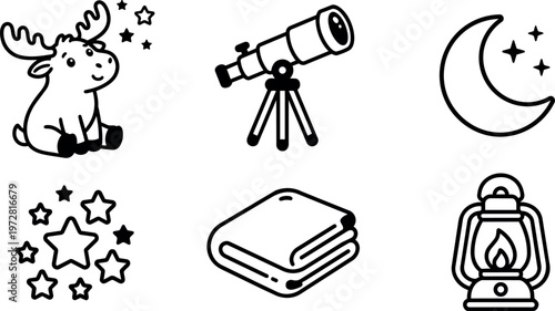 Black and white line art cute moose telescope moon stars lantern and folded blanket illustration