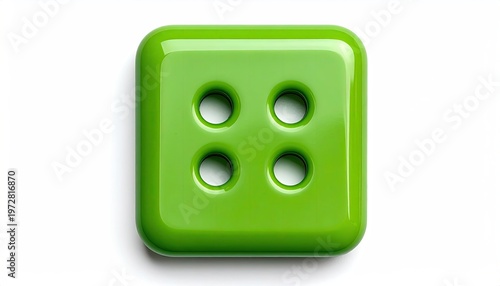 Glossy green four-hole sewing button in square shape vibrant craft element for fashion design isolated studio shot on white background